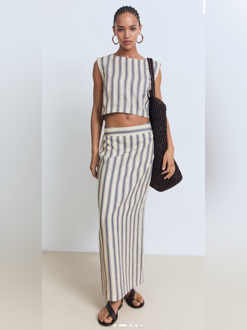 Mango Linen Maxi Skirt Set with Navy Stripes